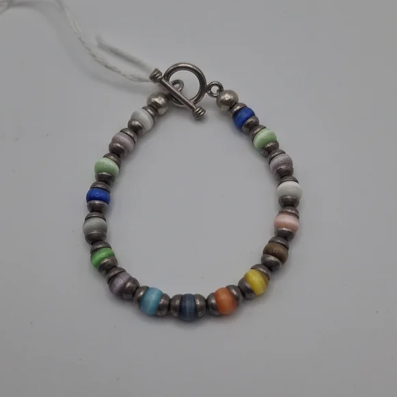Vtg Sterling Silver Multicolor Glass Cat Eye Bracelet 7" Toggle Clasp 14.41g - Picture 6 of 7